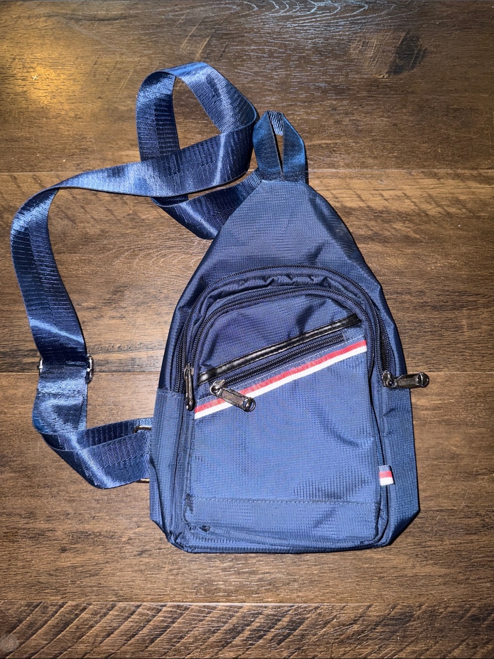 Navy Crossbody Belt Bag with Red & White Stripe Accent